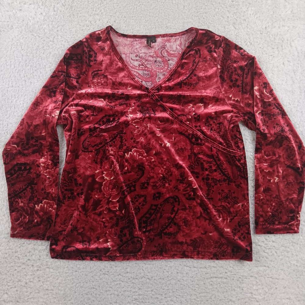 Olivia‎ Paige Top Faux Wrap Woman 1X Red Paisley Velvet Long Sleeve V-Neck